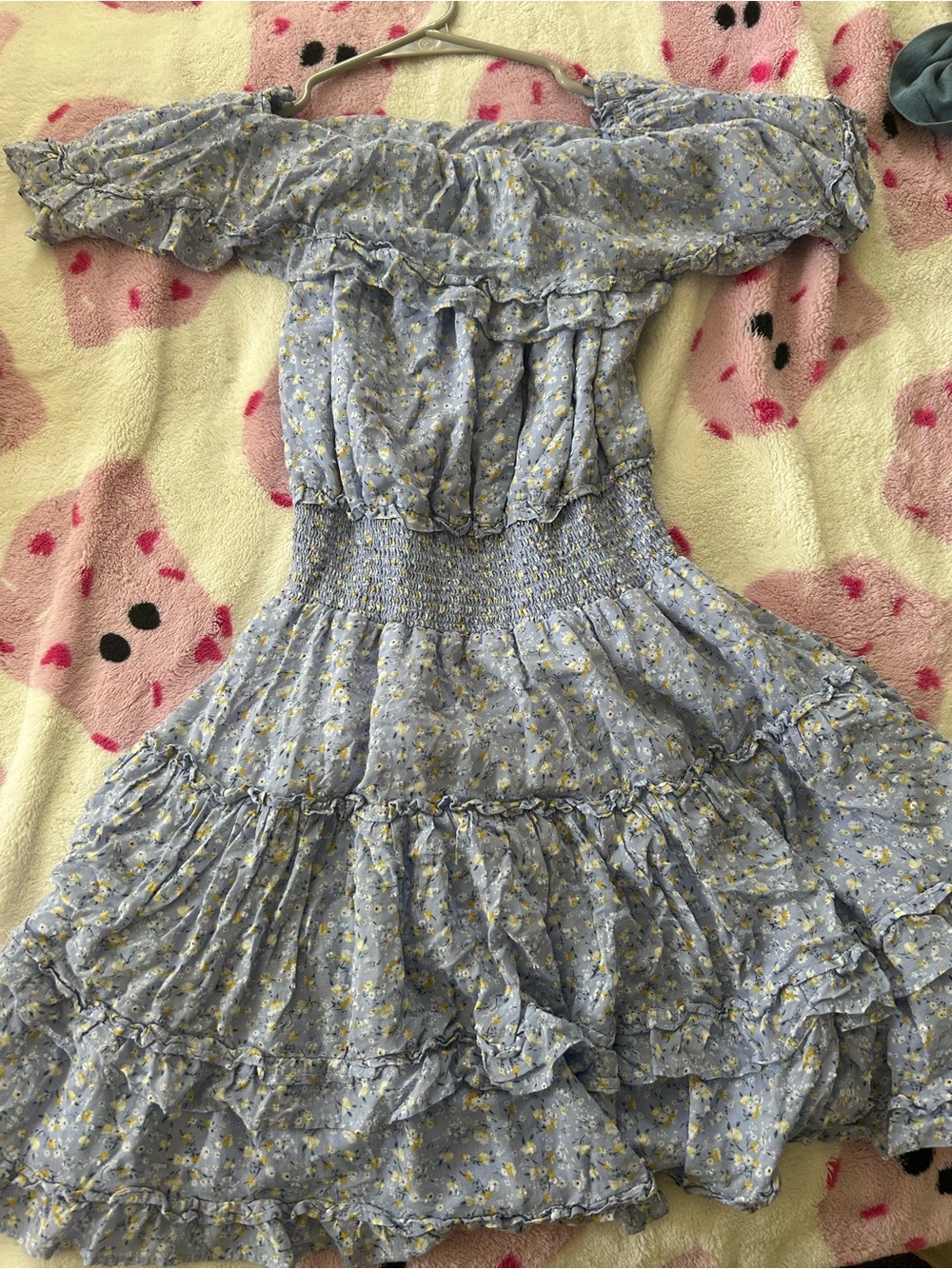 Forever 21 Light Blue Floral Off-Shoulder Tiered Dress